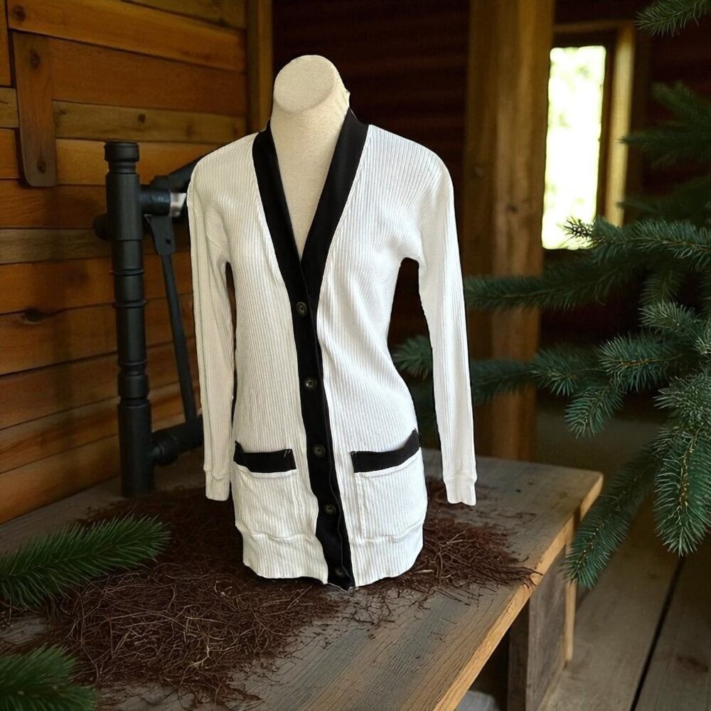 Hard Tail Forever White Ribbed Knit V Neck Collegiate Cardigan Sweater Size S